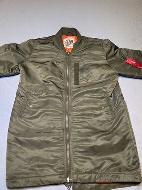 MA-1 Bomber Jacket Womens L Olive Green Longline Flight Coat Orange Lining SoHo
